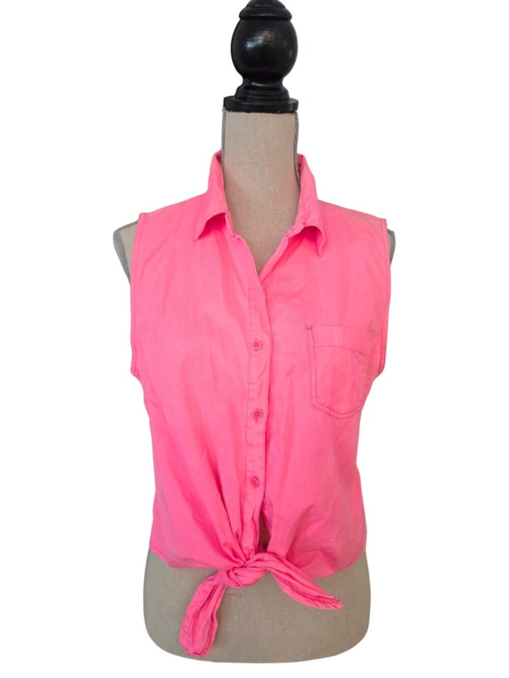 Forever 21 Neon Pink Sleeveless Tie Front Button Down Top NWT Large